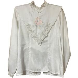 Vintage Nicola White Lace Blouse | Victorian Collar Floral Embroidery | Size 10